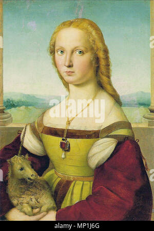 Deutsch : Bildnis einer jungen Frau mit dem Einhorn (Dame mit dem Einhorn) Anglais : Portrait of young woman with Unicorn (Dame avec unicorn) English : Portrait d'une jeune femme avec la licorne (La Dame à la licorne) Italiano : Ritratto di dama con liocorno (Portrait de Madalena Strozzi) 日本語 : "一角獣を抱く貴婦人" Polski : Dama z 1506 jednorożcem. Raffaelo Sanzio, 1095 - Dama con Liocorno - 1506 Banque D'Images