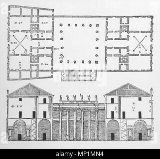 . Anglais : Palazzo Porto à Vicenza, dessin de l'original (en partie en projet) réalisé par Andrea Palladio, de I Quattro Libri dell'Architettura, 1570. English : Palais Porto à Vicence, dessin du projet d'origine (partiellement réalisé) dû à Andrea Palladio, publié dans les quatre livres de l'architecture en 1570. Italiano : Palazzo Porto un Vicenza, disegno del progetto originale (solo parzialmente realizzato) di Andrea Palladio, da I Quattro Libri dell'Architettura, 1570. 1570. Oxxo 954 Palais Iseppo Porto Banque D'Images