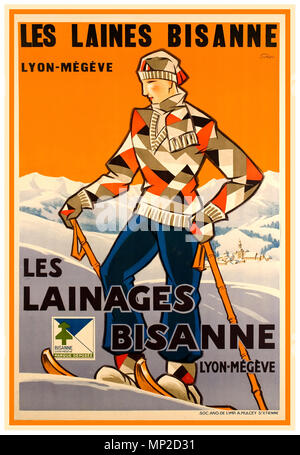 Vintage 1930 ski Alpes les vêtements de laine... Les laines Bisanne LYON-MEGÈVE Les lainages BISANNE Art Deco poster pour "laine de Megève en hiver renommée' resort en français des Alpes. Artiste Jo Roux 1930 Lithographie de pierre Banque D'Images