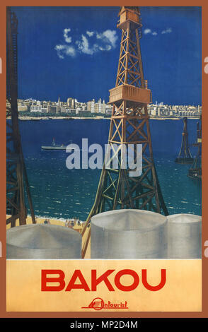 Vintage 1930 URSS Russie de voyages Affiche présentant les derricks de pétrole de Bakou Bakou ( 1936 ) l'affiche de voyage BAKOU BAKOU URSS RUSSIE Banque D'Images