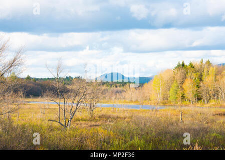 Une vue en fin de soirée au début du printemps de la vallée de la rivière Sacandaga dans spéculateur, NY USA dans le parc des Adirondack. Banque D'Images
