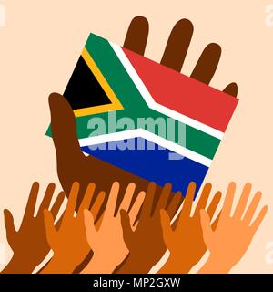 Journée internationale Nelson Mandela. 18 juillet. Le concept d'une maison de vacances politiques. Dans la main du pavillon de la République d'Afrique du Sud. Main levée Illustration de Vecteur