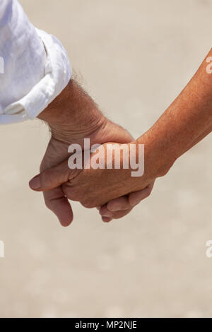 Vue arrière du happy senior man and woman couple holding hands on a beach. Banque D'Images