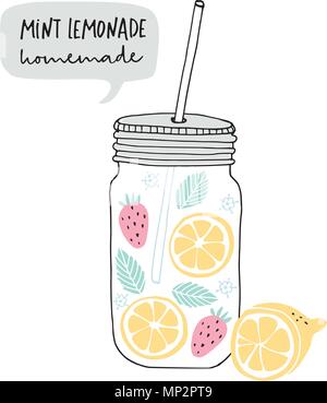 Pot en verre faits à la main avec de la limonade faite de tranches de citron, de fraise, de menthe et de sureau. Bulle avec texte manuscrit. Illustration vecteur doodle, croquis. Illustration de Vecteur