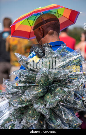 Un homme portant un chapeau parapluie coloré et de la vente de jouets en plastique à l'Airshow Lowveld Banque D'Images