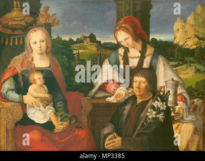 Lucas van Leyden, (1494-1533) Maria mit dem Kinde, der hl. Magdalena und einem Stifter. 1522. Eichenholz, 50,5 x 67,8 cm. Alte Pinakothek, Munich, Marie avec l'enfant, St Maria Magdalena et fondateur, séparée à l'extérieur (Inv. N° 7713). Allemand : Maria mit dem Kinde, der hl. Maria Magdalena und einem Stifter . 1522. 830 Lucas van Leyden-aria mit dem Kinde, der hl. Maria Magdalena und einem Stifter Banque D'Images