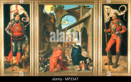 Dürer, Albrecht (1471-1528) Paumgartner-Altar. Totale. 1504 ( ?). Der hl. Georg, die Geburt Christi, der hl. Eustachius. Lindenholz, 157 x 248 cm. 858 cm Alte Pinakothek, Munich, Dürer, Albrecht - Vierge à l'enfant - c. 1500 Banque D'Images