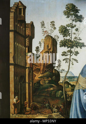 Anglais : la visite avec les saints Nicolas et Anthony English : Visitation avec saint Nicolas et saint Antoine vers 1490. 986 visites - Piero di Cosimo Banque D'Images