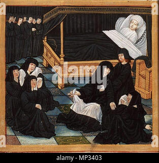 . Anglais : La mort de Philippes de Commines Matières : Le séjour de deuil pour la mort de Philippe de Commines Lieu d'origine, date : France ; 1512 Matériel : papier vélin, 24 ff., 260x175 (185x110 mm), 31 lignes, littera cursiva (lettre bourguignonne), Reliure : 18e siècle cuir marron doré sur rachis ; Décoration : 17 miniatures (125/105x110 mm) ; décoré d'initiales (ff. 2R, 3v, 4v, 5r, 6r, etc.) Provenance : consacré par l'auteur de H'lène de Chambes, Veuve de Philippe de Commines (1447-1511). Anne de Bavière, Princesse Palatine au château d'Anet, acheté en 1724 à la vente de cette bibliothèque Banque D'Images