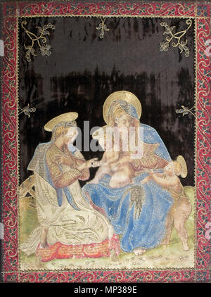 . Und bemalt Seidentuch polychrom, Goldfäden bestickt mit, Maria mit dem Jésus- und Johannesknaben und der hl. Katharina ( ?), 41 x 30 cm, Italien oder Deutschland, 17. Jh. 17e siècle. 1109 Anonyme Seidentuch Johannes Maria Jesus Banque D'Images