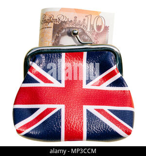 Union Jack avec un porte-monnaie €10 note, isolé ou coupé sur un fond blanc. Banque D'Images