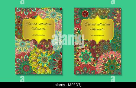 Carte de voeux avec motif design mandala. Abstract vector modèle. Indienne, Arabe, motifs d'orient en vert, jaune, rose et marron. Easy Edit Illustration de Vecteur