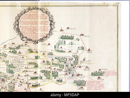 . Teilscan Stitchen Deutsch : zum einer Karte über die Oberfränkische 'Judenstras' von Altenkunstadt/Röhrig über den Kordigast und weiter nach Regensburg. 1741. Frahr Oberfr Henrik Adam 937. Judenstras (o.r.) Banque D'Images