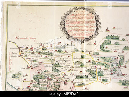 . Teilscan Stitchen Deutsch : zum einer Karte über die Oberfränkische 'Judenstras' von Altenkunstadt/Röhrig über den Kordigast und weiter nach Regensburg. 1741. Frahr Oberfr Henrik Adam 937. Judenstras (o.l.) Banque D'Images