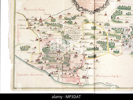 . Teilscan Stitchen Deutsch : zum einer Karte über die Oberfränkische 'Judenstras' von Altenkunstadt/Röhrig über den Kordigast und weiter nach Regensburg. 1741. Frahr Oberfr Henrik Adam 937. Judenstras (u.l.) Banque D'Images