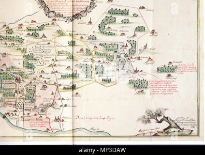 . Teilscan Stitchen Deutsch : zum einer Karte über die Oberfränkische 'Judenstras' von Altenkunstadt/Röhrig über den Kordigast und weiter nach Regensburg. 1741. Frahr Oberfr Henrik Adam 937. Judenstras (u.r.) Banque D'Images