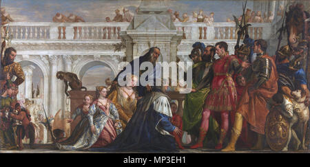 L'Italien : La Famiglia di Dario davanti ad Alessandro La famille de Darius devant Alexandre . Famille de roi perse Darius devant Alexandre Le Grand et son ami Hephaestion après la bataille d'Issos. à partir de 1565 jusqu'à 1567. 1230 La famille de Darius devant Alexandre par Paolo Veronese 1570 Banque D'Images