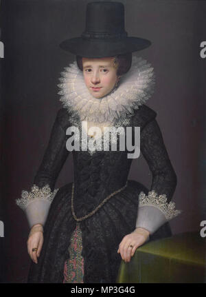 Anna Boudaen Courten (1599-1622) Portrait d'Anna Boudaen Courten (1599-1622) . Portrait d'Anna Boudaen Courten, épouse de Jacob Pergens. Debout, à mi-longueur, la main gauche appuyée sur une table. Pendentif de : Fichier:attribué à Salomon Mesdach 001.jpg . 1619. Mesdach Salomon 885 001 Banque D'Images