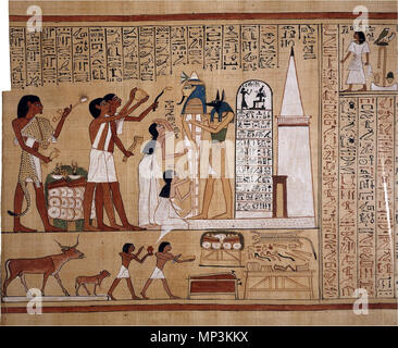 . "C'est un excellent exemple de l'un des nombreux vignettes (illustrations) du Livre des Morts de Hunefer. La pièce maîtresse de la partie supérieure de la scène est la maman de Hunefer, illustré appuyé par le dieu Anubis (ou un prêtre portant un masque de chacal). La femme et la fille de Hunefer pleurent, et trois prêtres effectuer des rituels. Les deux prêtres avec ceintures blanches sont l'exécution de l'ouverture de la bouche rituel. Le bâtiment blanc à droite est une représentation de la tombe, complet avec porte et portail petite pyramide. Ces deux fonctions peuvent être vus dans des tombes de cette date de Thèbes. Au le Banque D'Images