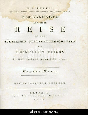 . Page de titre du livre Bemerkungen auf einer Reise in die südlichen Statthalterschaften des Russischen Reichs in den Jahren 1793 und 1794. Erster Band. Colorirten Kupfern mit. Leipzig, Gottfried bey Martini. 1799. 1799. Peter Simon Pallas (auteurs) ; Christian Gottfried Heinrich Geißler (Radierer) ; Johann Philipp Carl Theodor Werther (Druckerei à Leipzig) 1203 Voyage à travers les provinces du sud de l'Empire Russe-deutsch Banque D'Images