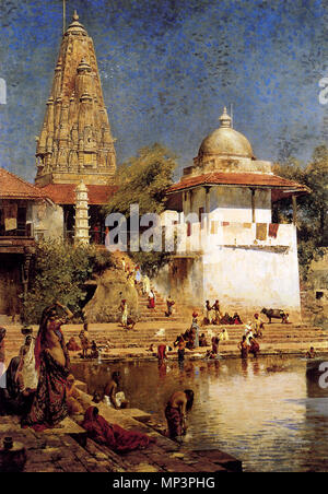 Les Temples et le réservoir de Walkeshwar à Bombay . Anglais : Walkeshwar temple et Banganga Tank. . Vers 1884. 1254 Semaines Edwin le Temple et le réservoir de Walkeshwar à Bombay Banque D'Images