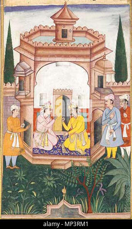 YUDHISHTHIRA AVEC BHISMA DANS UN PAVILLON . YUDHISHTHIRA AVEC BHISMA DANS UN PAVILLON. Attribuée à Fattu, l'Inde moghole, 1598. D'un manuscrit de l'Razmnama, rehaussée de gouache sur papier d'or, les deux nobles converser dans un pavillon avec un accompagnateur qui attendaient dehors, quatre lignes de naskh noir ci-dessus, légère oxydation, fixées sur un autre manuscrit leaf, inscrit ci-dessous Fattu, verso avec page de texte. Folio 11 5/8 x 61,9cm (¾. (29.6 x 17.2cm.) ; miniature 7 1/8 x 4 ¼In. (18,1 x 10,8 cm.) . 1598. 1044 Razmnamah Banque D'Images