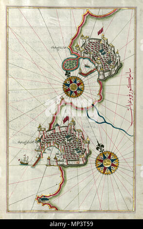 (En turc Piri Reis, 1465-1555). 'Feuille à partir du livre sur la navigation, l' 17ème-18ème siècle. l'encre, la peinture, et l'or sur papier. Walters Art Museum (W.658.178B) : acquis par Henry Walters. W.658.178b 1003 - Piri Reis Carte du littoral de Piran jusqu'à Izola - Walters W658178B --edit page complète Banque D'Images