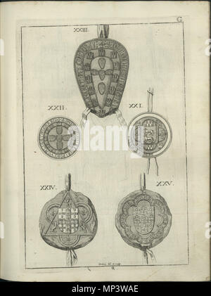 . Anglais : Phoques Portugal, illustration d'Antonio Caetano de Sousa, genealogica História da Casa Real Portugueza, t. IV, Lisbonne, 1738 XXI - Isabel de Portugal y Manuel, dame de Visacaya, Lettre au monastère S. Vincente de Fora, 1324 XXII - petit sceau du roi Dinis du Portugal, d'un contrat avec le monastère S. João de Tarouça, 1er mai 1306 XXIII - plus grand sceau du roi Dinis, don à la ville de Arronches, 14 janvier 1288, XXIV XXV - Joints de Don Afonso Sanches, fils de ce roi, 18 octobre 1318. . 1738. Antonio Caetano de Sousa (1674-1759) 1107 Les phoques de la maison royale de Portugal Banque D'Images