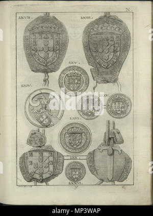 . Anglais : sceaux de la maison d'Aviz (15e siècle), illustration d'Antonio Caetano de Sousa, genealogica História da Casa Real Portugueza, t. IV, Lisbonne, 1738 . 1738. Antonio Caetano de Sousa (1674-1759) 1107 Les phoques de la maison royale de Portugal 11 Banque D'Images