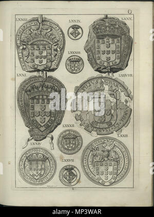 . Anglais : sceaux de la maison d'Aviz (15e siècle) , illustration d'Antonio Caetano de Sousa, genealogica História da Casa Real Portugueza, t. IV, Lisbonne, 1738 . 1738. Antonio Caetano de Sousa (1674-1759) 1107 Les phoques de la maison royale de Portugal 12 Banque D'Images