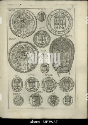 . Anglais : sceaux de dernier membre de la maison d'Aviz (16ème siècle), illustration d'Antonio Caetano de Sousa, genealogica História da Casa Real Portugueza, t. IV, Lisbonne, 1738 . 1738. Antonio Caetano de Sousa (1674-1759) 1107 Les phoques de la maison royale de Portugal 13 Banque D'Images