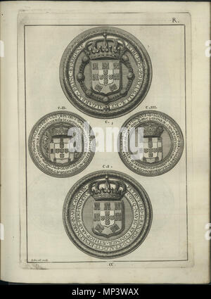 . Anglais : sceaux de la maison de Bragance, illustration d'Antonio Caetano de Sousa, genealogica História da Casa Real Portugueza, t. IV, Lisbonne, 1738 . 1738. Antonio Caetano de Sousa (1674-1759) 1107 Les phoques de la maison royale de Portugal 15 Banque D'Images