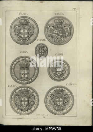 . Anglais : sceaux de la maison de Bragance, illustration d'Antonio Caetano de Sousa, genealogica História da Casa Real Portugueza, t. IV, Lisbonne, 1738 . 1738. Antonio Caetano de Sousa (1674-1759) 1107 Les phoques de la maison royale de Portugal 17 Banque D'Images