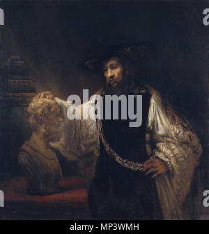 Aristote avec un buste d'Homère *huile sur toile 143,5 x 136,5 cm * *signé l.l.) : Rembrandt.f. / 1653 Aristote avec un buste d'Homère . Partie d'une série de sept tableaux, qui comprenait également Homère par Rembrandt (Fichier:. Dirck van Rijn 061.jpg), Alexandre le Grand de Rembrandt (perdu), le cosmographe par Guercino (perdu), Denys de Syracuse par Matia Preti (perdu), le philosophe Archita Tarantino par Salvator Rosa (perdu) et le philosophe ou Jérôme de Giacinto Brandi (perdu). 1653. 1048 Rembrandt - Aristote avec un buste d'Homère - WGA19232 Banque D'Images