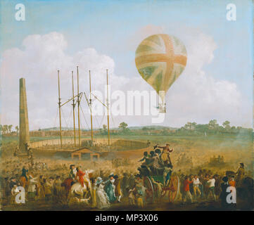 George Biggins dans l'ascension du ballon de Lunardi *huile sur toile 50,5 x 61 cm * *ca 1785-1788 George Biggins dans l'ascension des Lunardi Ballon' 1785. 751 Julius Caesar Ibbetson - George Biggins dans l'ascension des Lunardi' Balloon - WGA11831 Banque D'Images