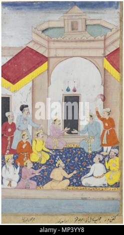 . Anglais : Lot Description ROI YUDHISHTHIRA interroge ses quatre frères Pandava PAR IBRAHIM KAHAR, l'Inde moghole, 1598 l'objet de l'Striparva du Mahâbhârata, rehaussée de gouache sur papier d'or, le Roi Yudhishthira s'agenouillant devant un pavillon rose interroge par question et répondre à ses quatre frères Pandava, Bhishma, Arjuna, Nakula et Sahadeva, sur la priorité qu'ils donnent à la vertu, la richesse et le désir, arrêtées dans le cadre de l'or, bleu et noir sur les marges, buff règles identifiées et signalées ci-dessous, avec marche arrière 27ll. Des petits plus tard, naskh noir numérotation dans la marge, monté Minia Banque D'Images