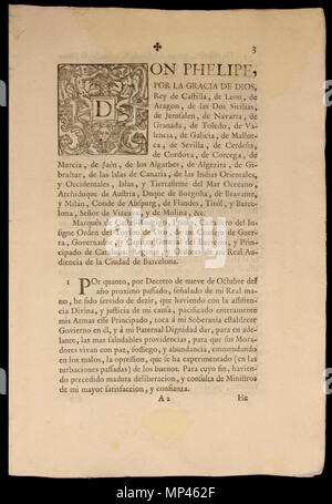 . Français : Document de la Nueva planta de la Real Audiencia del Principado de Cataluña. Establerta el 16 de gener de 1716. L'aquest exemplar es troba guardat al Museu d'Història de Catalunya. Page 3 : article 1 . 16 janvier 1716. Par Ordenada Felip C. Impresa par Joseph Teixidó. 934 Nova planta Catalunya 3 Banque D'Images