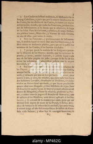 . Français : Document de la Nueva planta de la Real Audiencia del Principado de Cataluña. Establerta el 16 de gener de 1716. L'aquest exemplar es troba guardat al Museu d'Història de Catalunya. Page 5 : articles 5, 6, 7 i 8. 16 janvier 1716. Par Ordenada Felip C. Impresa par Joseph Teixidó. 934 Nova planta Catalunya 5 Banque D'Images