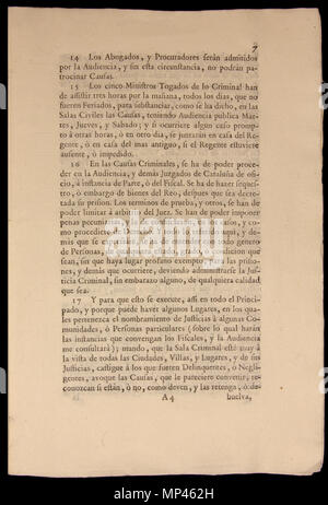 . Français : Document de la Nueva planta de la Real Audiencia del Principado de Cataluña. Establerta el 16 de gener de 1716. L'aquest exemplar es troba guardat al Museu d'Història de Catalunya. Page 7 : les articles 14, 15, 16 j 17. 16 janvier 1716. Par Ordenada Felip C. Impresa par Joseph Teixidó. 934 Nova planta Catalunya 7 Banque D'Images