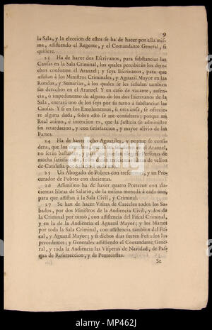 . Français : Document de la Nueva planta de la Real Audiencia del Principado de Cataluña. Establerta el 16 de gener de 1716. L'aquest exemplar es troba guardat al Museu d'Història de Catalunya. Page 9 : les articles 23, 24, 25, 26 j 27. 16 janvier 1716. Par Ordenada Felip C. Impresa par Joseph Teixidó. 934 Nova planta Catalunya 9 Banque D'Images