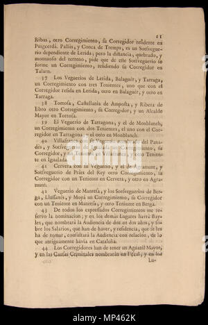 . Français : Document de la Nueva planta de la Real Audiencia del Principado de Cataluña. Establerta el 16 de gener de 1716. L'aquest exemplar es troba guardat al Museu d'Història de Catalunya. Page 11 : les articles 37, 38, 39, 40, 41, 42, 43 j 44. 16 janvier 1716. Par Ordenada Felip C. Impresa par Joseph Teixidó. 934 Nova planta Catalunya 11 Banque D'Images