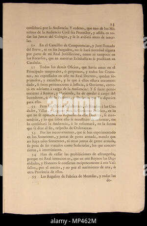 . Français : Document de la Nueva planta de la Real Audiencia del Principado de Cataluña. Establerta el 16 de gener de 1716. L'aquest exemplar es troba guardat al Museu d'Història de Catalunya. Page 13 : les articles 50, 51, 52, 53, 54 j 55. 16 janvier 1716. Par Ordenada Felip C. Impresa par Joseph Teixidó. 934 Nova planta Catalunya 13 Banque D'Images