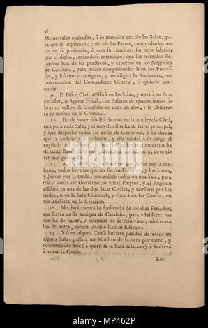 . Français : Document de la Nueva planta de la Real Audiencia del Principado de Cataluña. Establerta el 16 de gener de 1716. L'aquest exemplar es troba guardat al Museu d'Història de Catalunya. Page 6 : articles 9, 10, 11, 12 j 13. 16 janvier 1716. Par Ordenada Felip C. Impresa par Joseph Teixidó. 934 Nova planta Catalunya 6 Banque D'Images