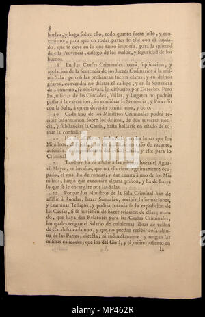 . Français : Document de la Nueva planta de la Real Audiencia del Principado de Cataluña. Establerta el 16 de gener de 1716. L'aquest exemplar es troba guardat al Museu d'Història de Catalunya. Page 8 : les articles 18, 19, 20, 21 j 22. 16 janvier 1716. Par Ordenada Felip C. Impresa par Joseph Teixidó. 934 Nova planta Catalunya 8 Banque D'Images