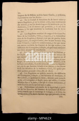 . Français : Document de la Nueva planta de la Real Audiencia del Principado de Cataluña. Establerta el 16 de gener de 1716. L'aquest exemplar es troba guardat al Museu d'Història de Catalunya. Page 12 : les articles 45, 46, 47, 48 j 49. 16 janvier 1716. Par Ordenada Felip C. Impresa par Joseph Teixidó. 934 Nova planta Catalunya 12 Banque D'Images