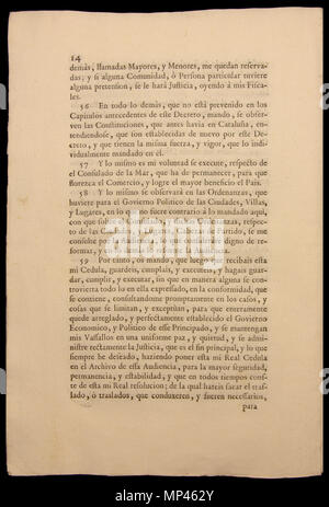 . Français : Document de la Nueva planta de la Real Audiencia del Principado de Cataluña. Establerta el 16 de gener de 1716. L'aquest exemplar es troba guardat al Museu d'Història de Catalunya. Page 14 : Page 14 : les articles 56, 57, 58 j 59. 16 janvier 1716. Par Ordenada Felip C. Impresa par Joseph Teixidó. 934 Nova planta Catalunya 14 Banque D'Images