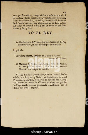 . Français : Document de la Nueva planta de la Real Audiencia del Principado de Cataluña. Establerta el 16 de gener de 1716. L'aquest exemplar es troba guardat al Museu d'Història de Catalunya. Page 15 : finale. 16 janvier 1716. Par Ordenada Felip C. Impresa par Joseph Teixidó. 934 Nova planta Catalunya 15 Banque D'Images