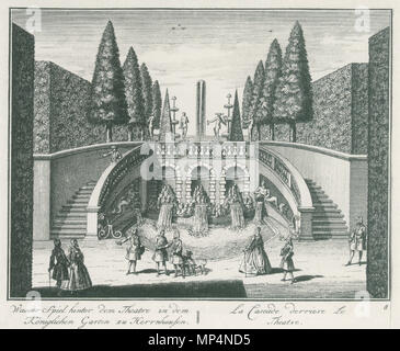 J. J. Müller (Zchn), Joost van Sasse (Stich), "Wasser hinter dem Spiel Theatro dans Herrnhausen Königlichen Garten zu dem. La Cascade derriere le Théâtre.", Kupferstich, Historisches Museum Hannover, Inv. N° Negativ-Nr VM 28795,7 ;. 88/ 1985. [Marieanne von König (Hg.), de Herrenhausen. Die Königlichen Gärten à Hanovre, Göttingen 2006, S. 29, ABB. 10 : Kleine Kaskade an der des Hecktheaters Königstraße 45, Kupferstich, um 1725.] 916 Müller +Sasse GartenthKaskade 1725 Banque D'Images