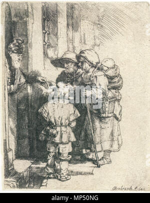 Recevoir les mendiants à la porte de l'aumône d'une maison 1648. 1048 - Rembrandt mendiants recevant l'aumône à la porte d'une maison Banque D'Images