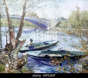 Pêcheur et bateaux du pont de Clichy 1887. Pêche au printemps 1224 - Mon Rêve Banque D'Images